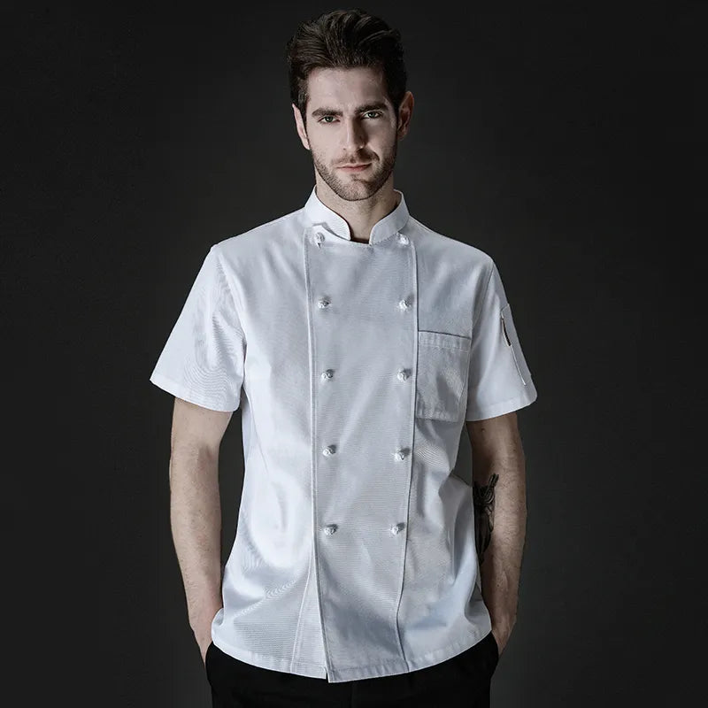 summer double  breasted chef jacket and  men cook professional uniform white shirt.