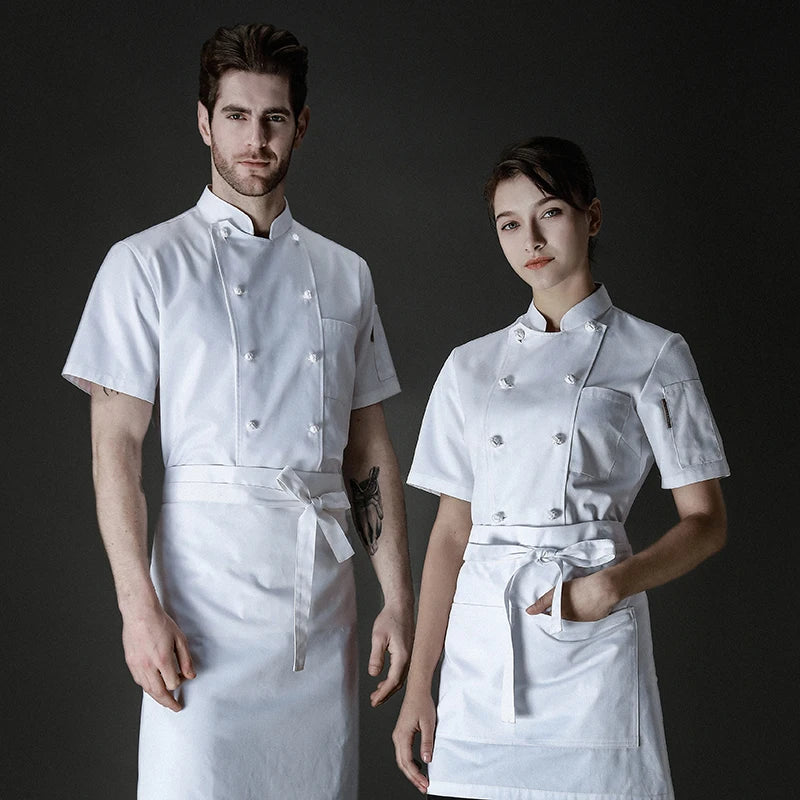 summer double  breasted chef jacket and  men cook professional uniform white shirt.