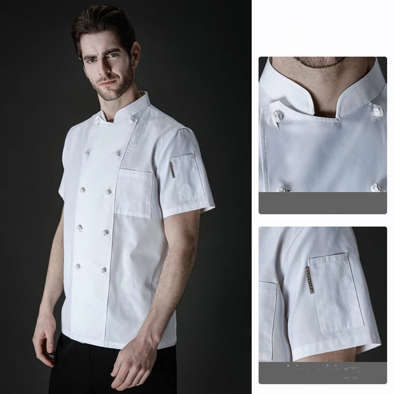 summer double  breasted chef jacket and  men cook professional uniform white shirt.