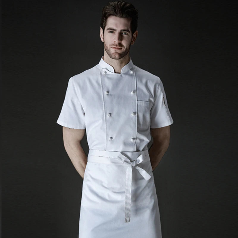 summer double  breasted chef jacket and  men cook professional uniform white shirt.