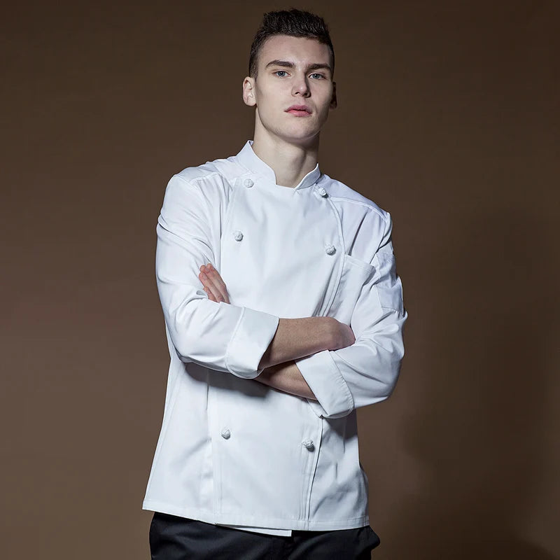 High quality long sleeve white shirt double breasted chef jacket