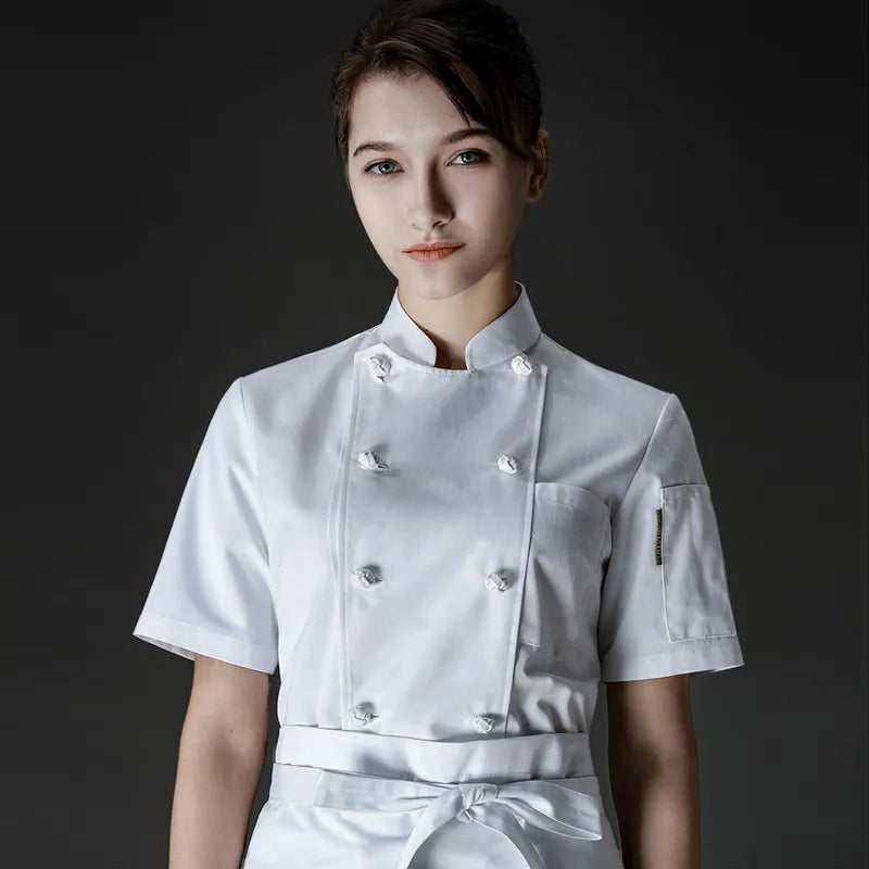 summer double  breasted chef jacket and  men cook professional uniform white shirt.