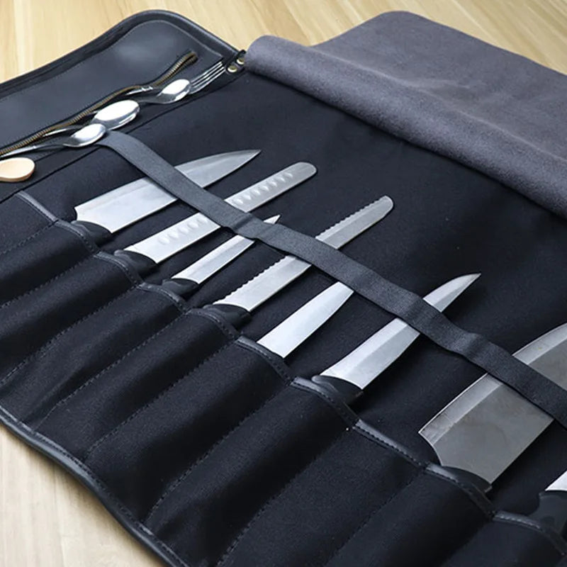 Kitchen Chef Knife Roll Bag  with 10 Pockets for Kitchen Cooking Tools Storage