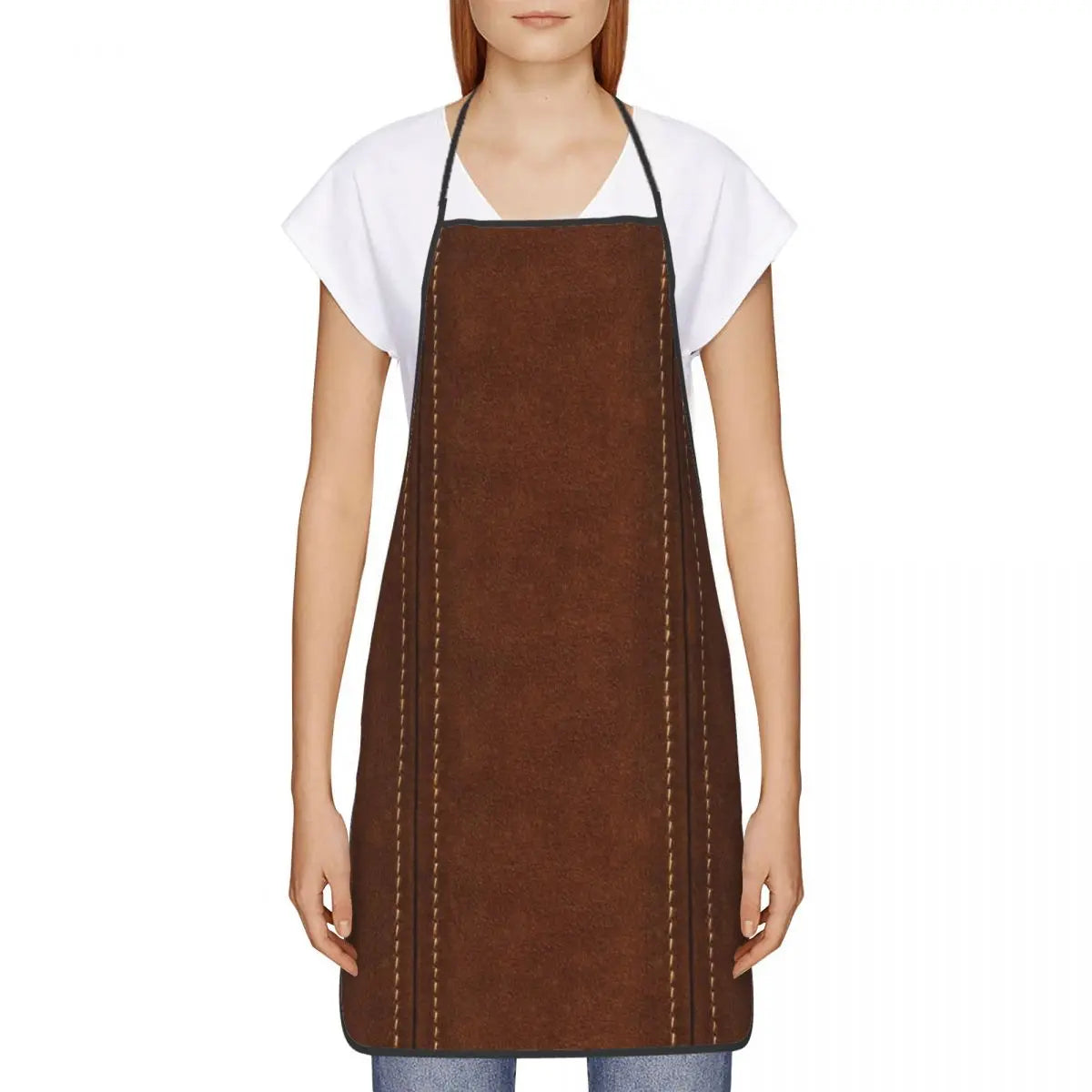 Brown Kitchen Stitched Leather Textures Print Apron