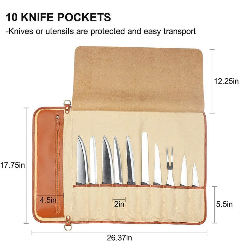 Kitchen Chef Knife Roll Bag  with 10 Pockets for Kitchen Cooking Tools Storage