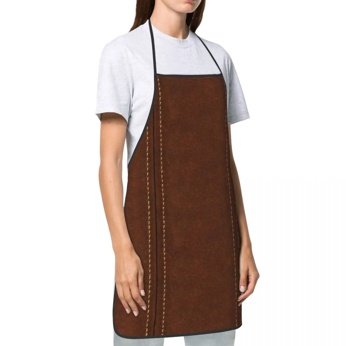 Brown Kitchen Stitched Leather Textures Print Apron